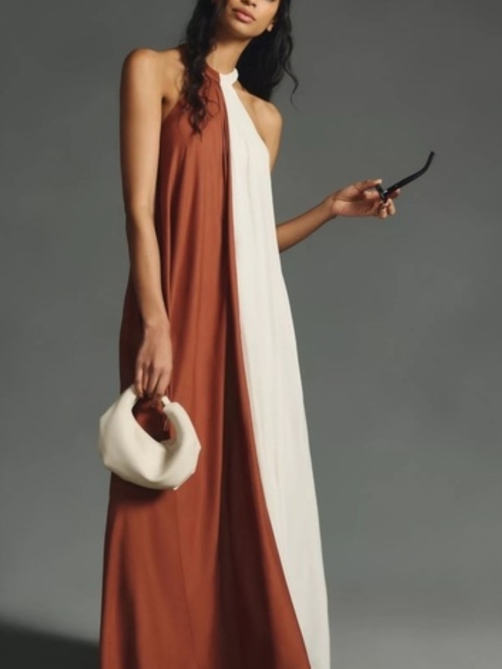 "Let Me Be" Anthropologie Colorblock Halter Maxi Dress in Rust and Cream